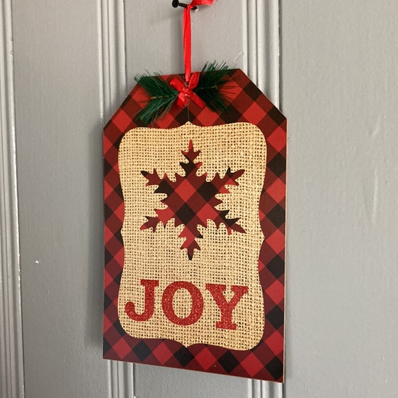 Brand NWT Red & Black Buffalo Check Plaid JOY Holiday Hanging Gift Tag Sign - Picture 5 of 8
